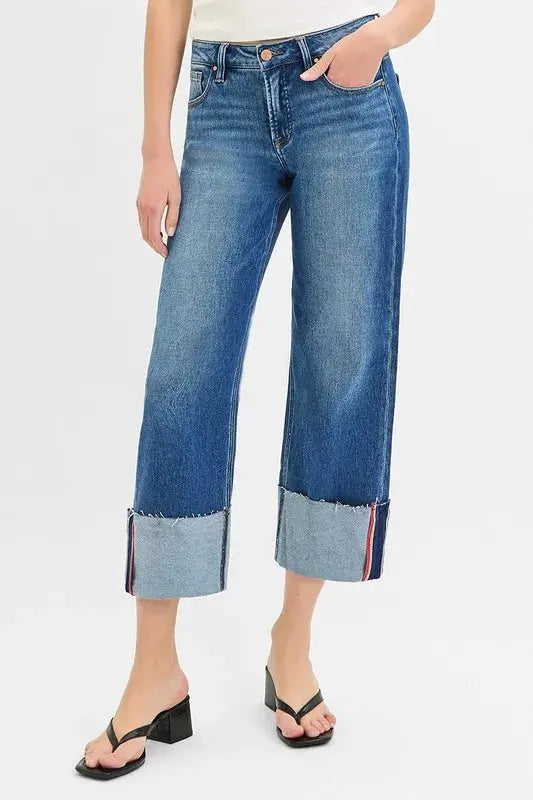 Full Size/Plus Size Tummy Control Mid Rise Crop Wide Cuffed RISEN Jeans
