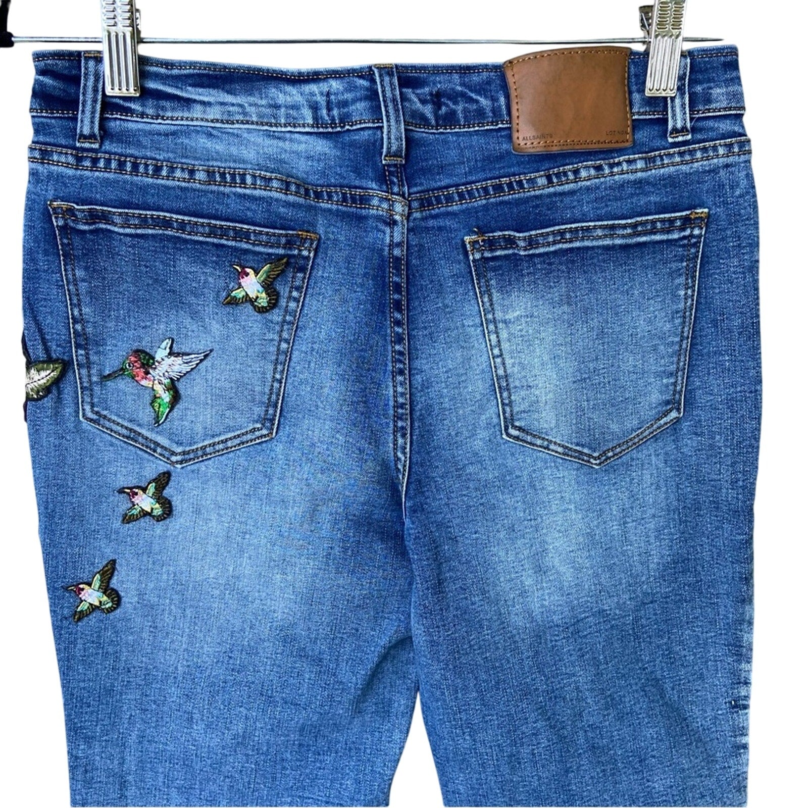 Paul & Zera Womens Large (8) Boho Hummingbird Floral Patches Denim Blue Jeans