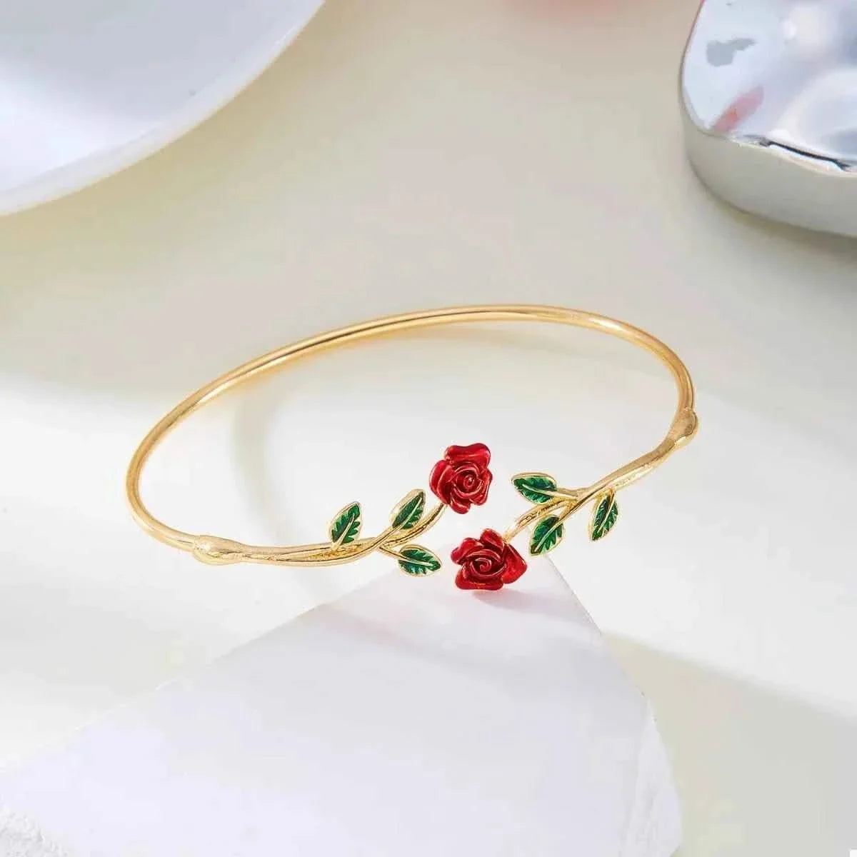 Rose Bypass Ring and Bracelet Jewelry Set