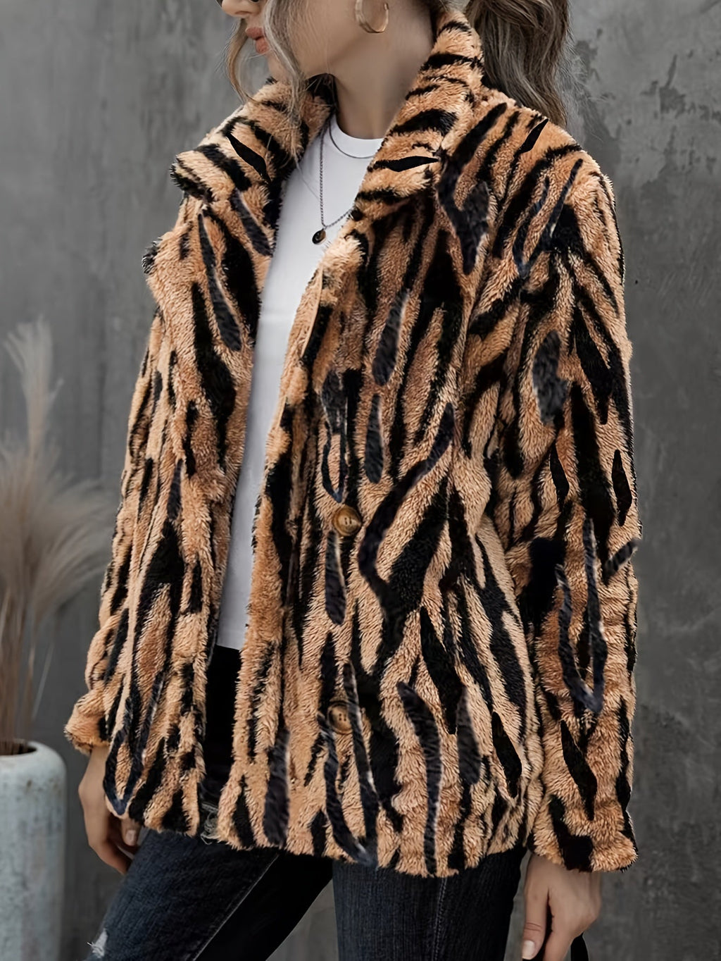 Plus Size Tiger Stripe Faux Fur Double Breasted Winter Coat