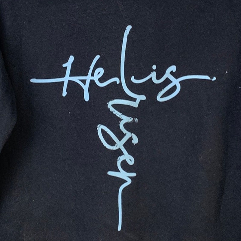 Upcycled Hand Printed Womens Medium He Is Risen Jesus Long Sleeve Sweatshirt