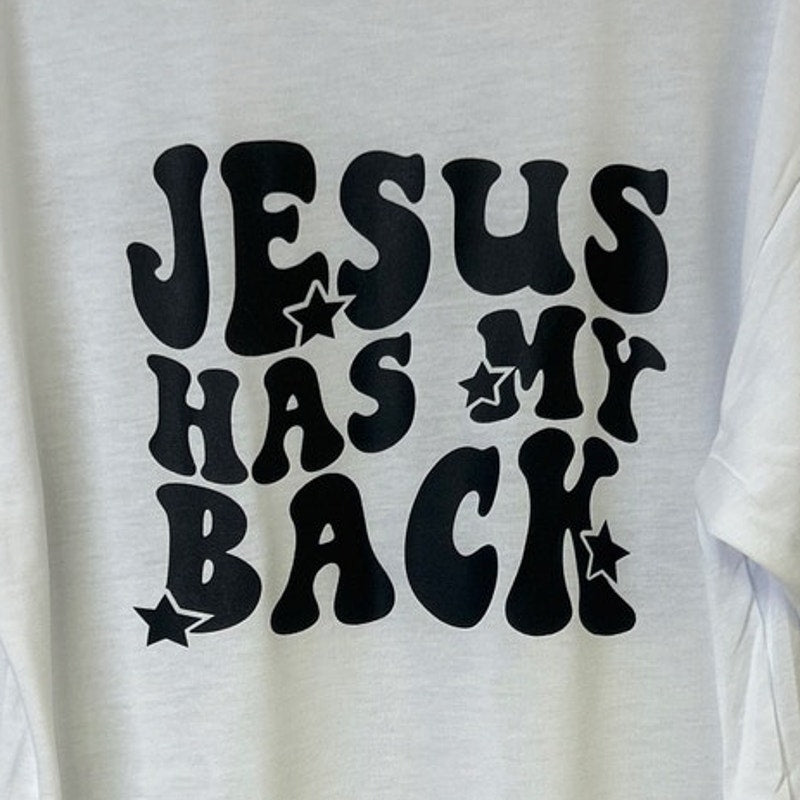 New Hand Printed Mens XL White Jesus Has My Back Short Sleeve Crew Tee Shirt