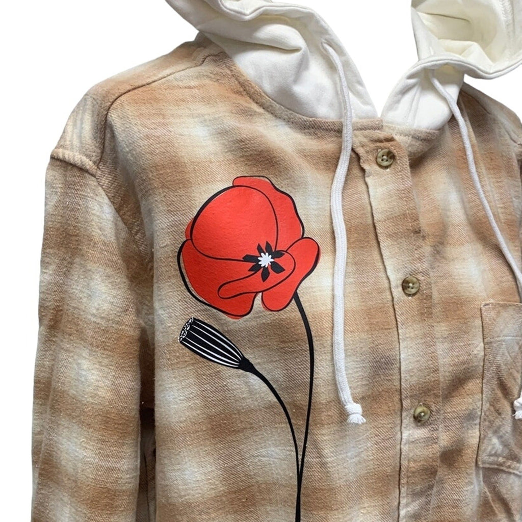 New Hand Printed Womens XXL Red Poppy Flower Long Sleeve Plaid Flannel Hoodie