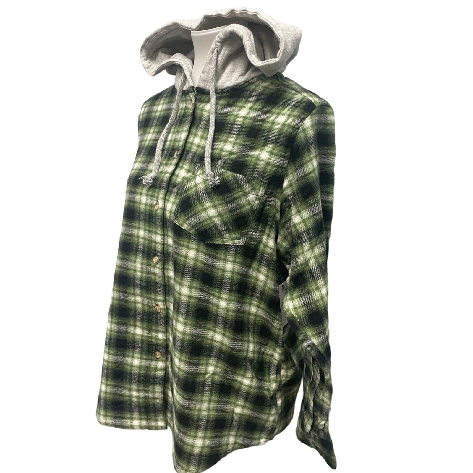 New Time and Tru Womens Large Long Sleeve Plaid Flannel Cotton Blend Hoodie