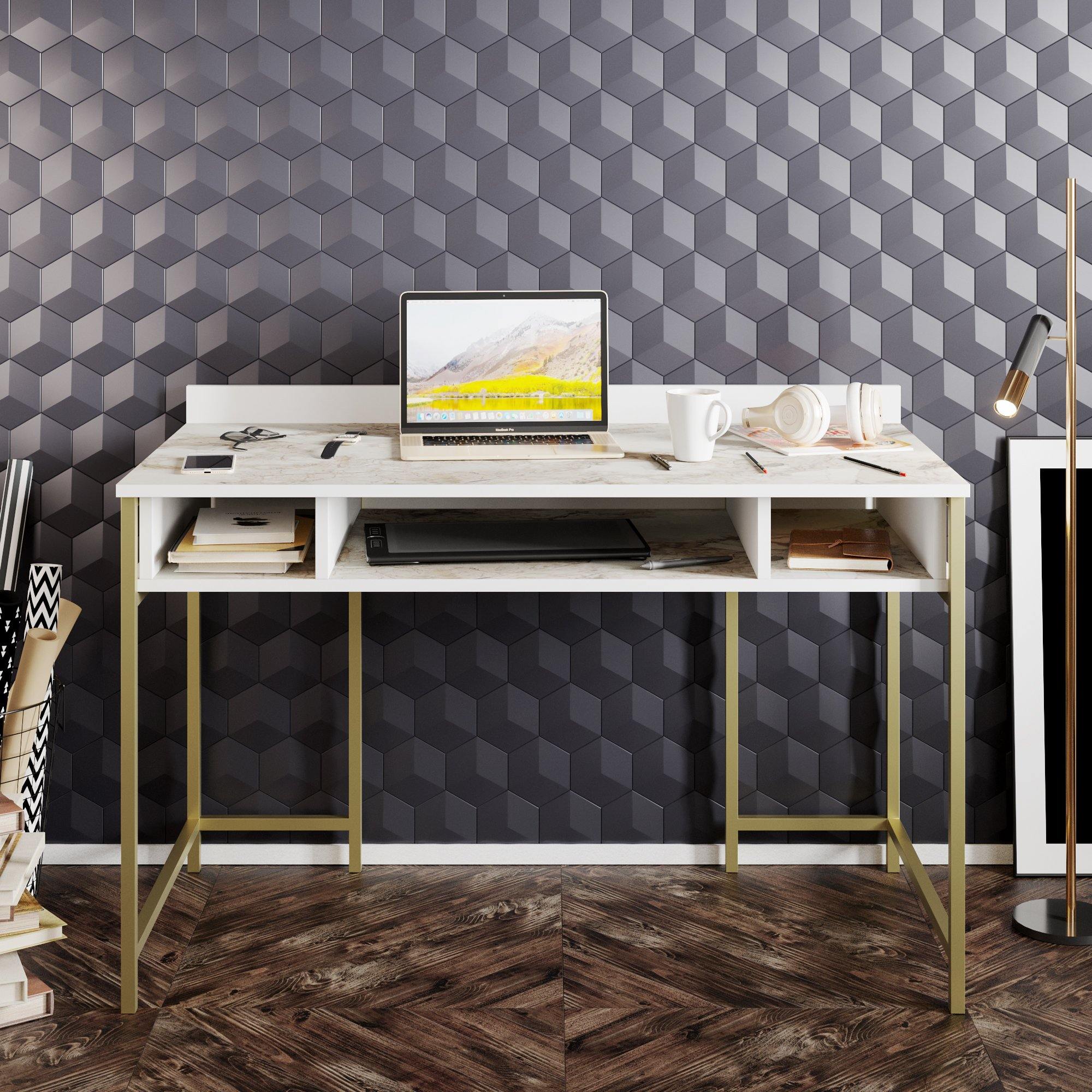 Tumata 47'' Wide Metal Wood Computer Desk with Open Shelves
