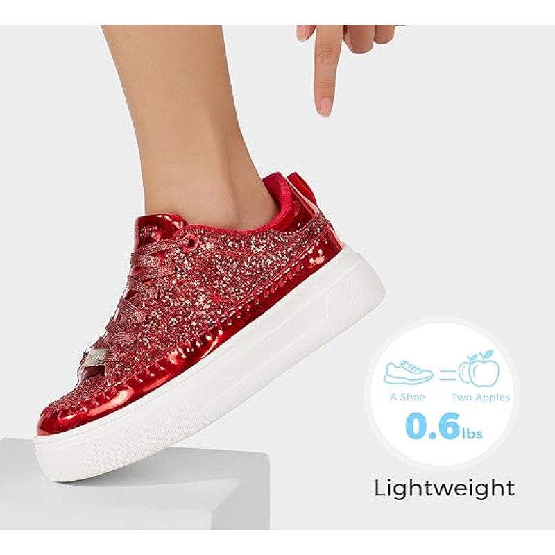Lucky Step Womens Size 8 Red Glitter Faux Leather Lace Up Platform Sneaker Shoes