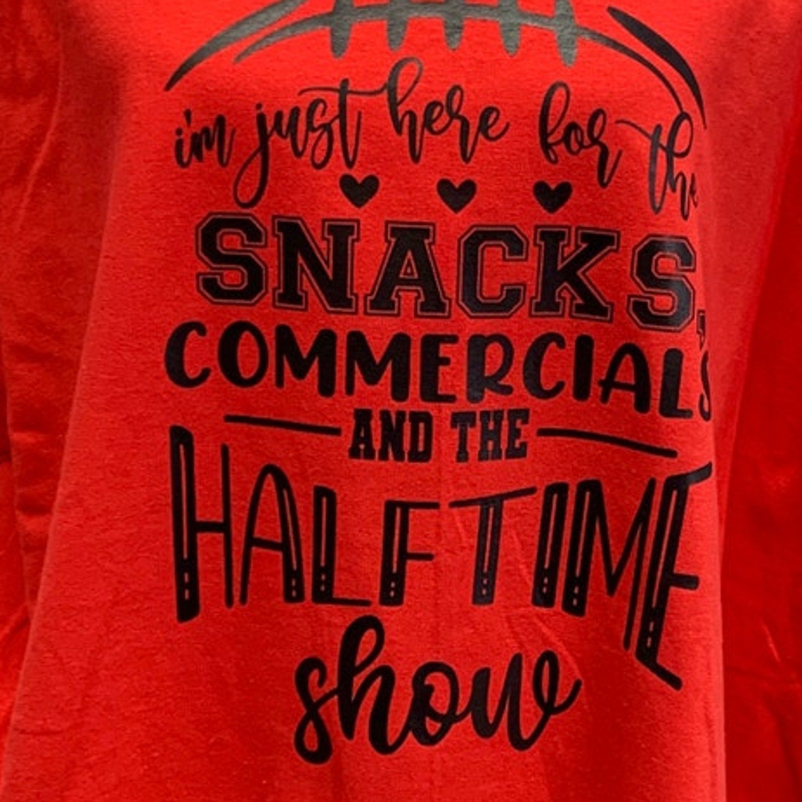 Hand Printed Medium Superbowl Here for the Snacks Commercials Halftime Show Tee