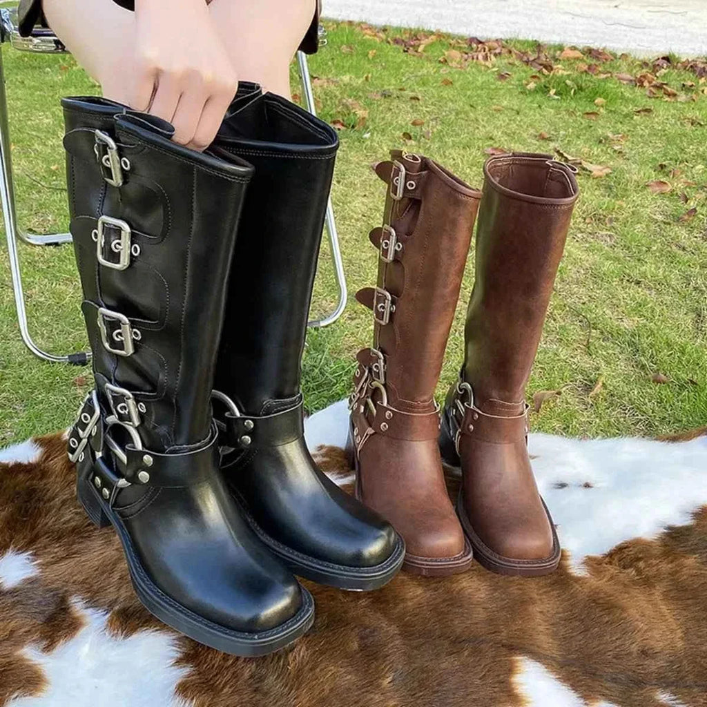 Block Heel Knee High : Motorcycle Boots With Buckle