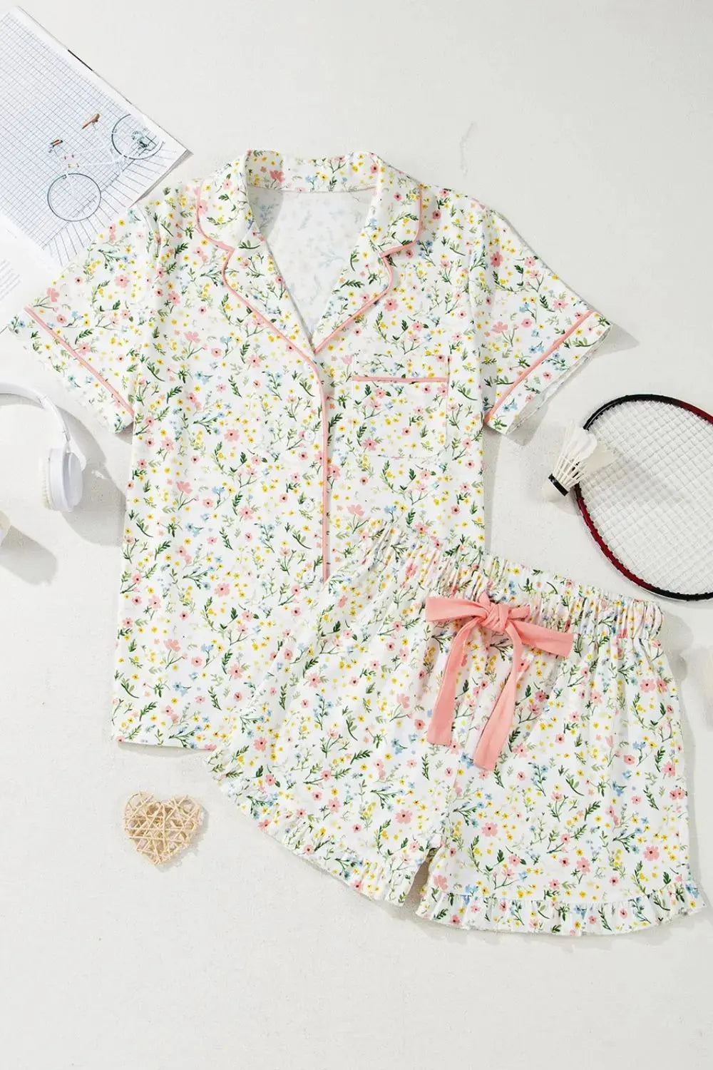 Cherry Bow Print Button Up Womens Loungewear Set