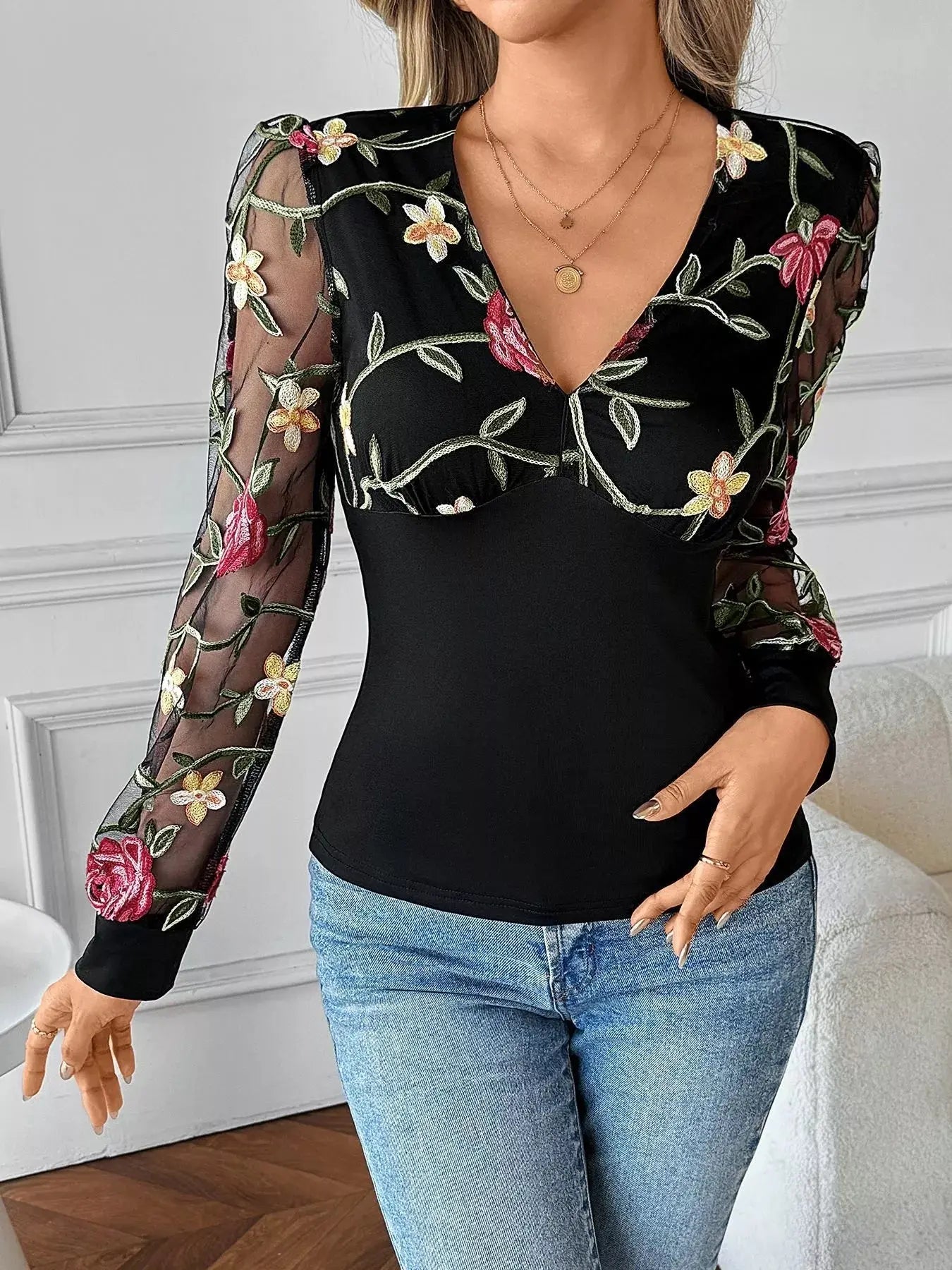 Floral Mesh Long Sleeve V Neck Blouse