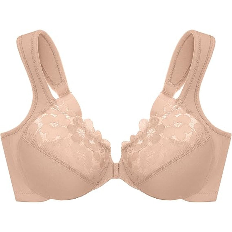 New Glamorise Womens Size 38DD Unlined Underwire Floral Lace Front Closure Bra