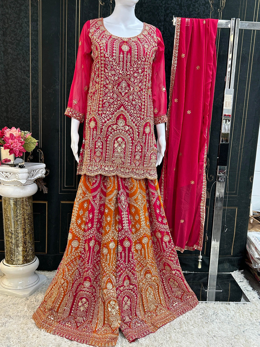 Dark pink sharara suit with heavy work