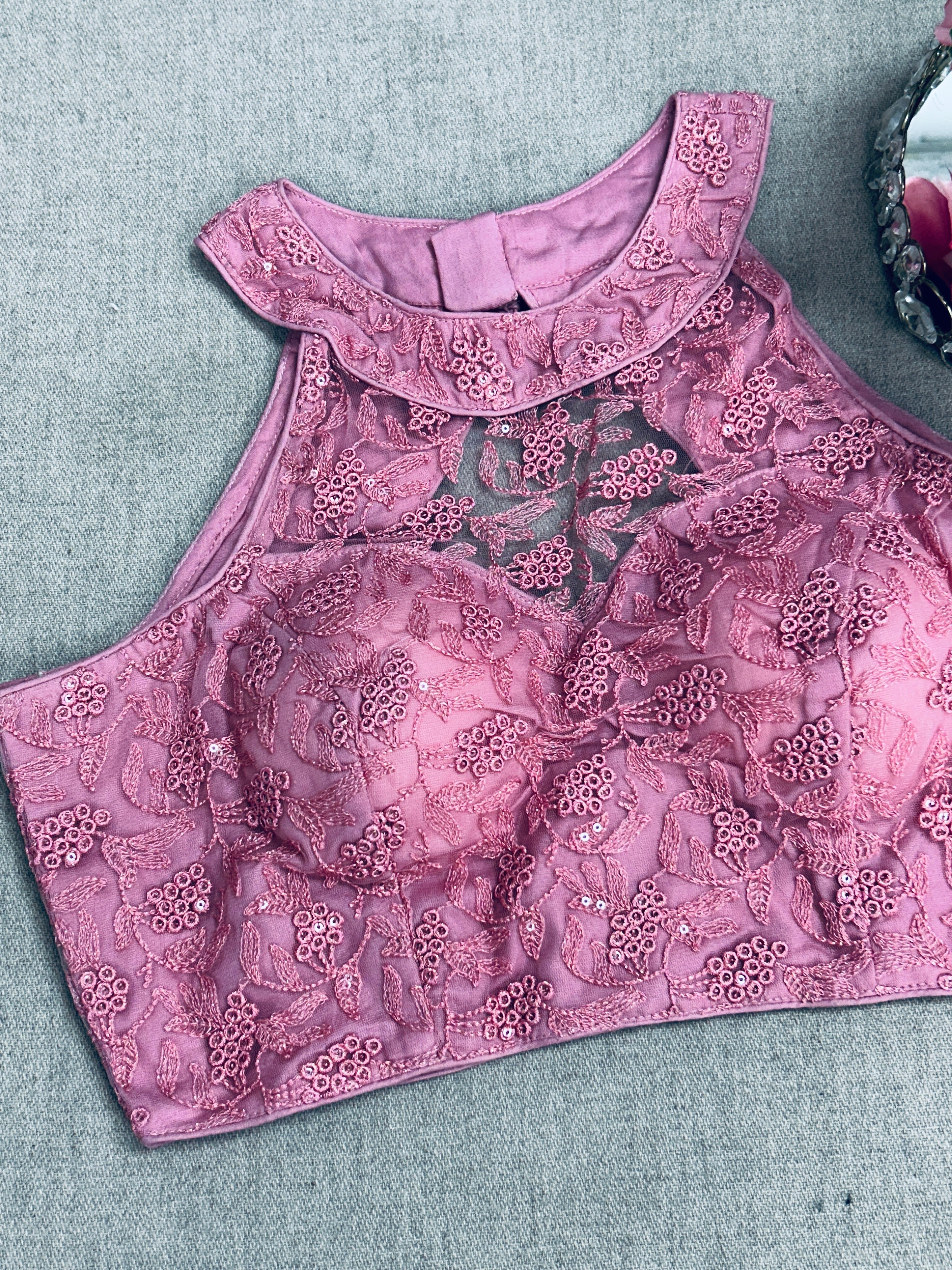Pink : Halter neck embroidered blouse
