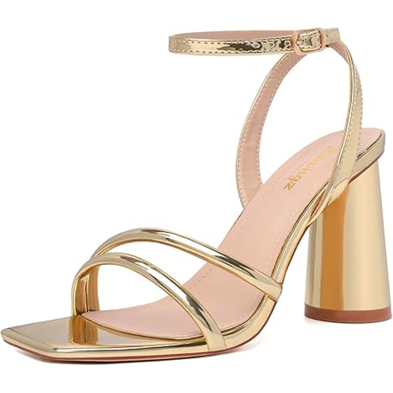 Ribongz Womens Size 9 Shiny Gold 4" Block Heel Open Toe Ankle Strap Sandal Shoes