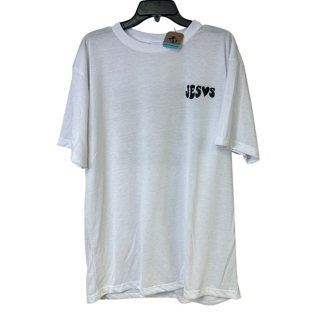 New Hand Printed Mens XL White Jesus Has My Back Short Sleeve Crew Tee Shirt