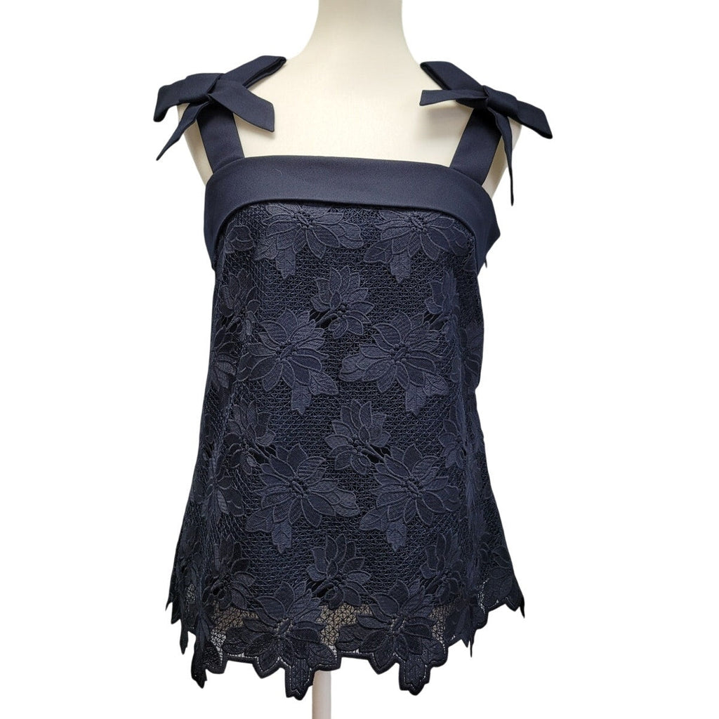 Banana Republic Womens Small Navy Blue Lace Side Zip Tank Top w Bow on Straps