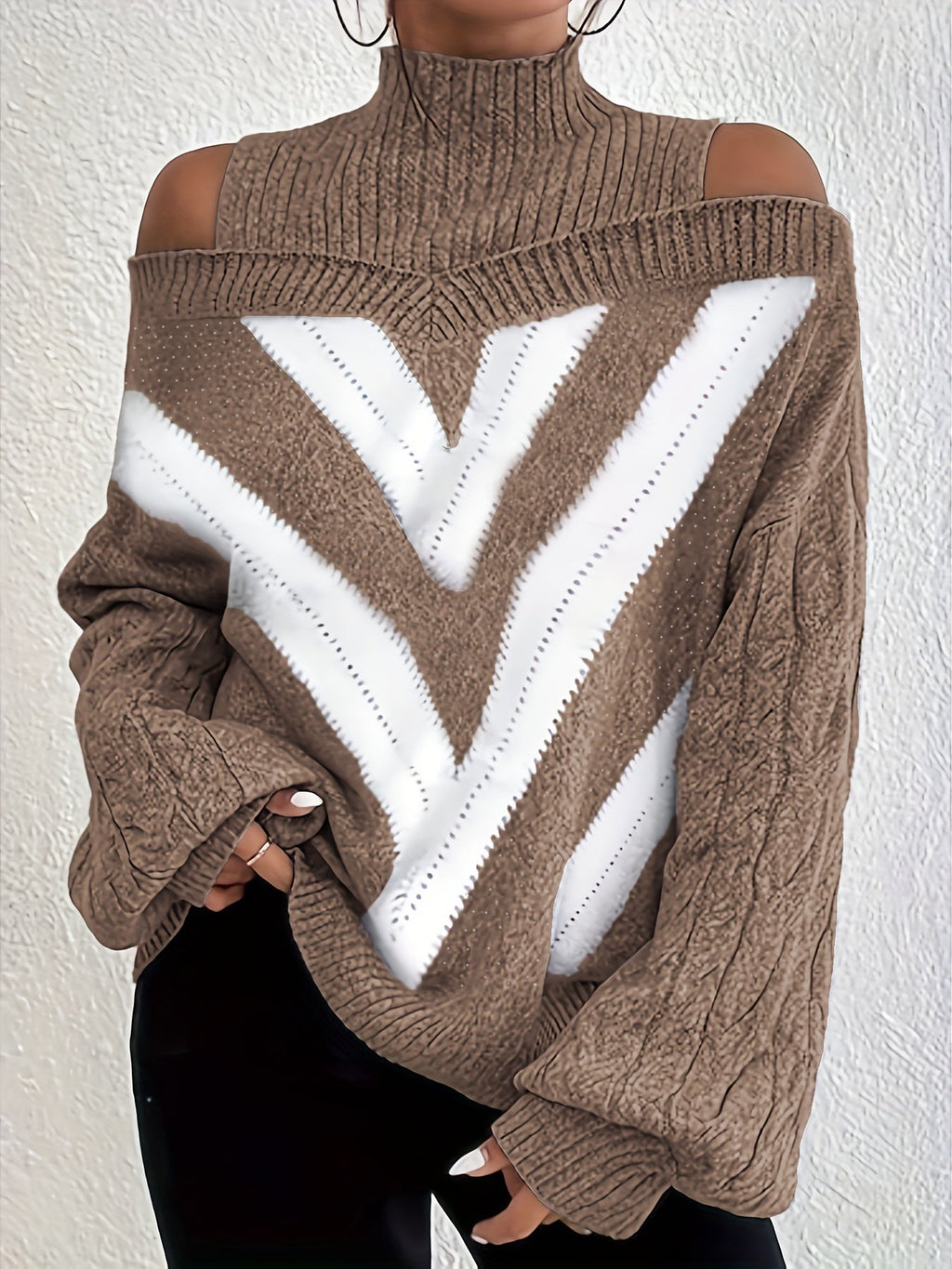 Elegant Plus Size Off Shoulder Striped Cable Knit Sweater