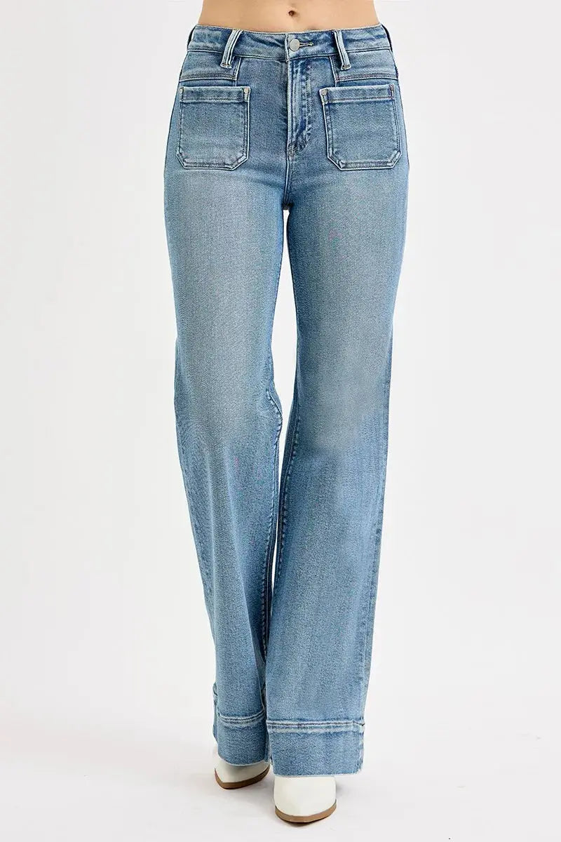 High Waist Wide Flare Patch Pocket RISEN Jeans – Full Size