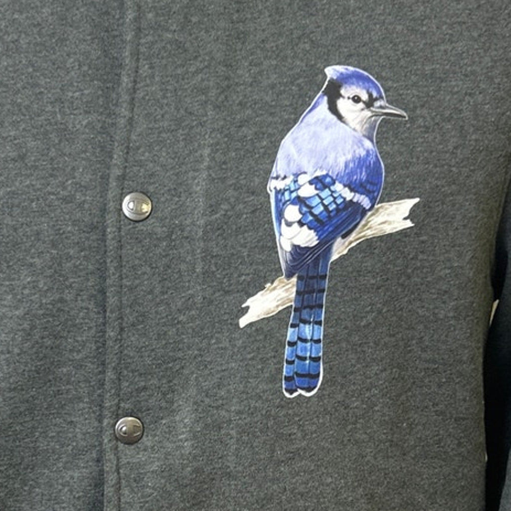 New Champion Mens XL Dark Gray Snap Up Hand Printed Blue Jay Bird Bomber Jacket