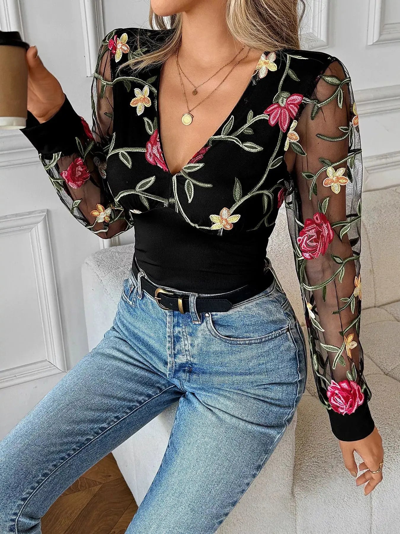 Floral Mesh Long Sleeve V Neck Blouse