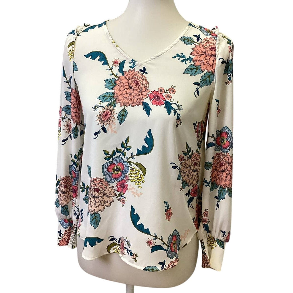 LOFT Petites XXSP Long Sleeve V-Neck Ruffled Shoulder Floral Polyester Blouse