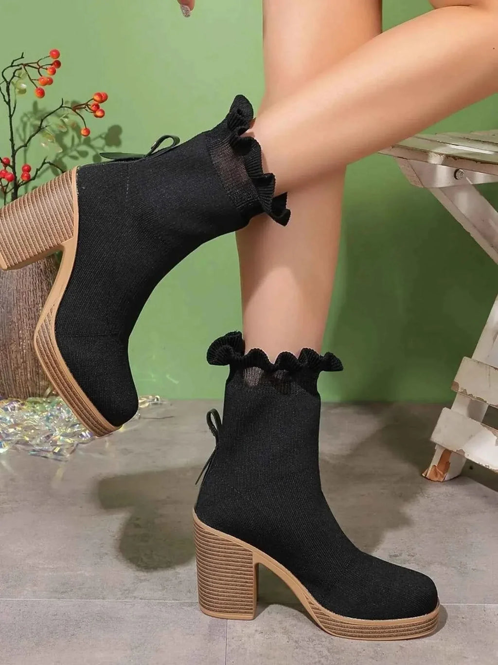 Stylish Ruffled Trim : Chunky Heel Boots