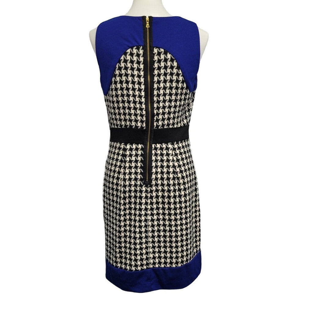 Beige Eci Size 8 Sleeveless Houndstooth Acrylic Career Knee Length Sheath Dress