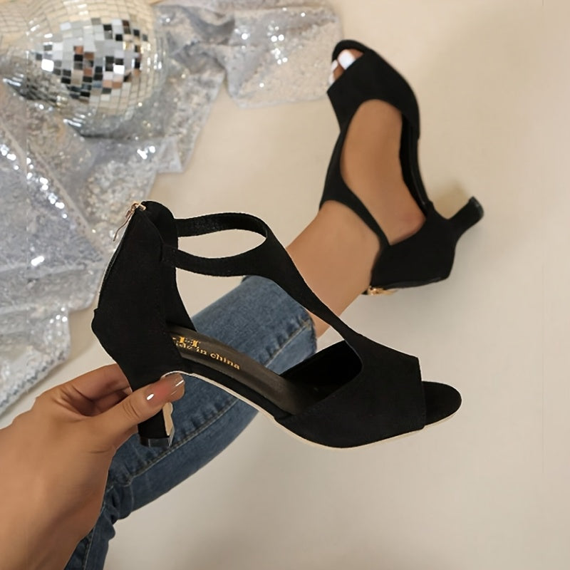Women's Elegant Black Cover-Like Peep-Toe Mid-Heel Sandals with Back Zipper