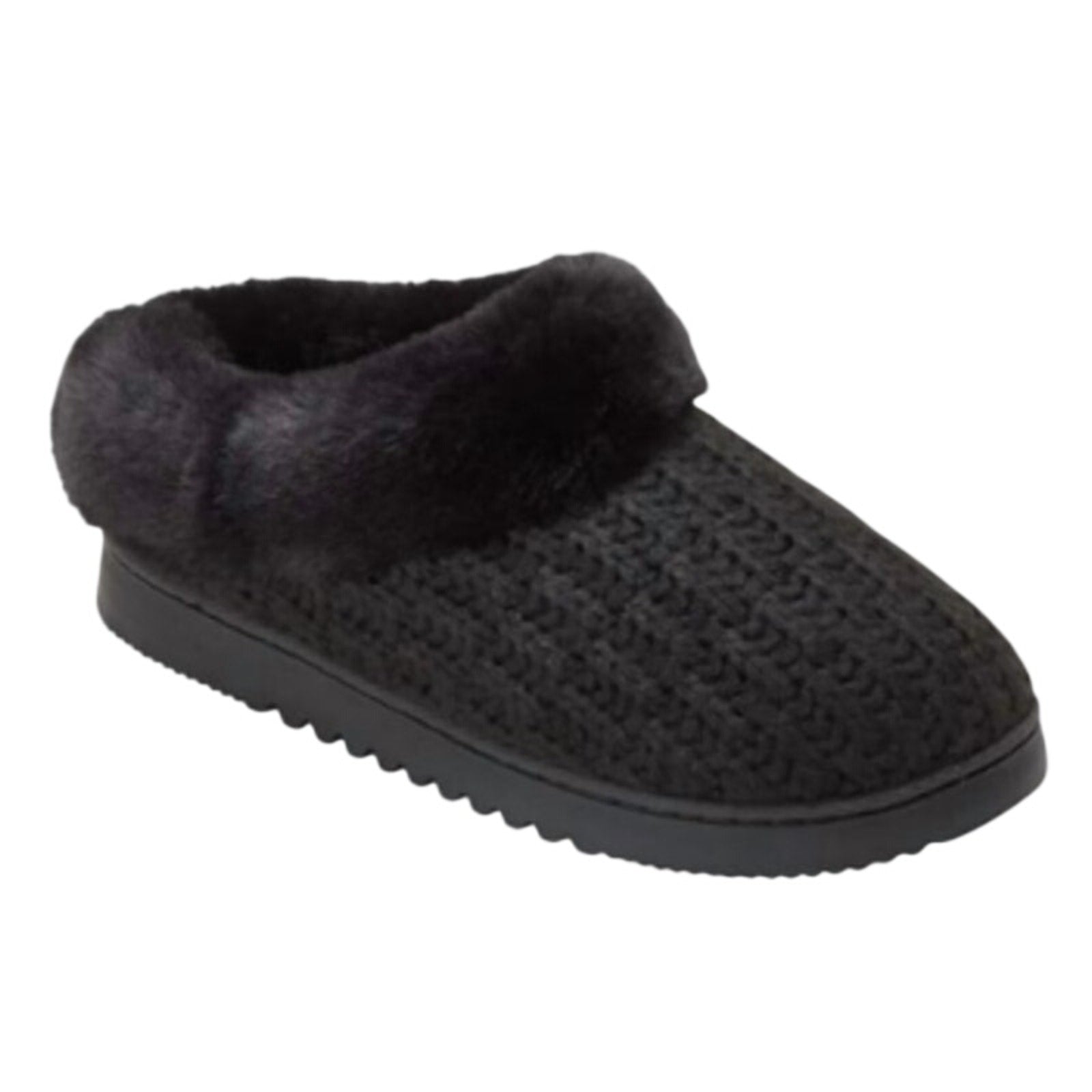 New In Box Dearfoam Women Medium 7/8 Black Faux Fur Lined Knit Slide On Slippers