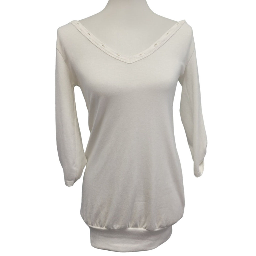 Passion Womens Small White Viscos Spandex Long Sleeve Lace Up V Neck Top