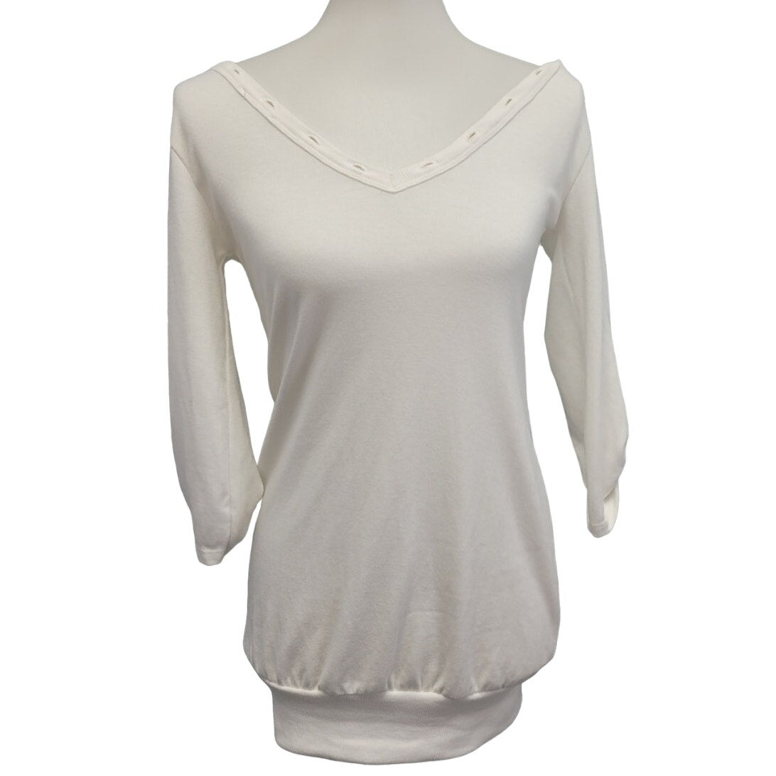 Passion Womens Small White Viscos Spandex Long Sleeve Lace Up V Neck Top