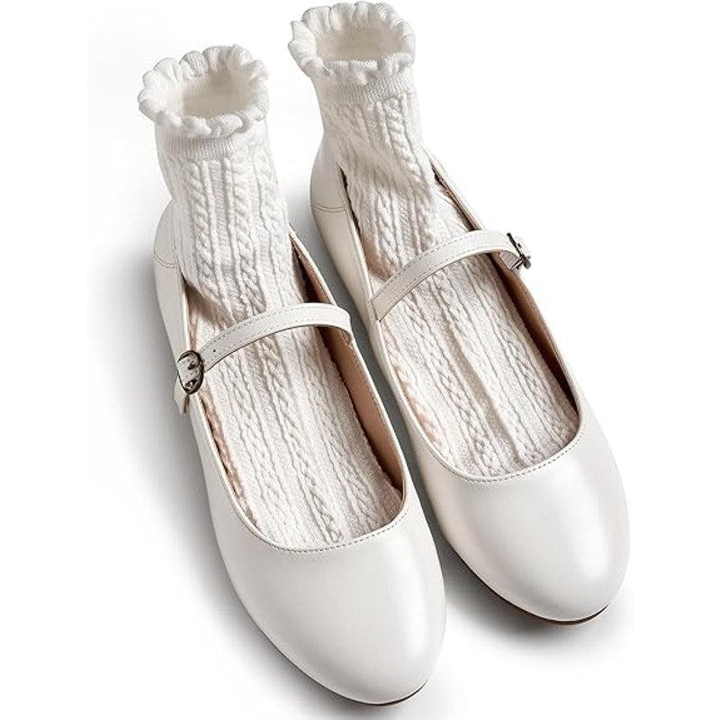 Trary Womens Size 8 White Flats Round Toe Buckle Strap Mary Jane Flat Shoes