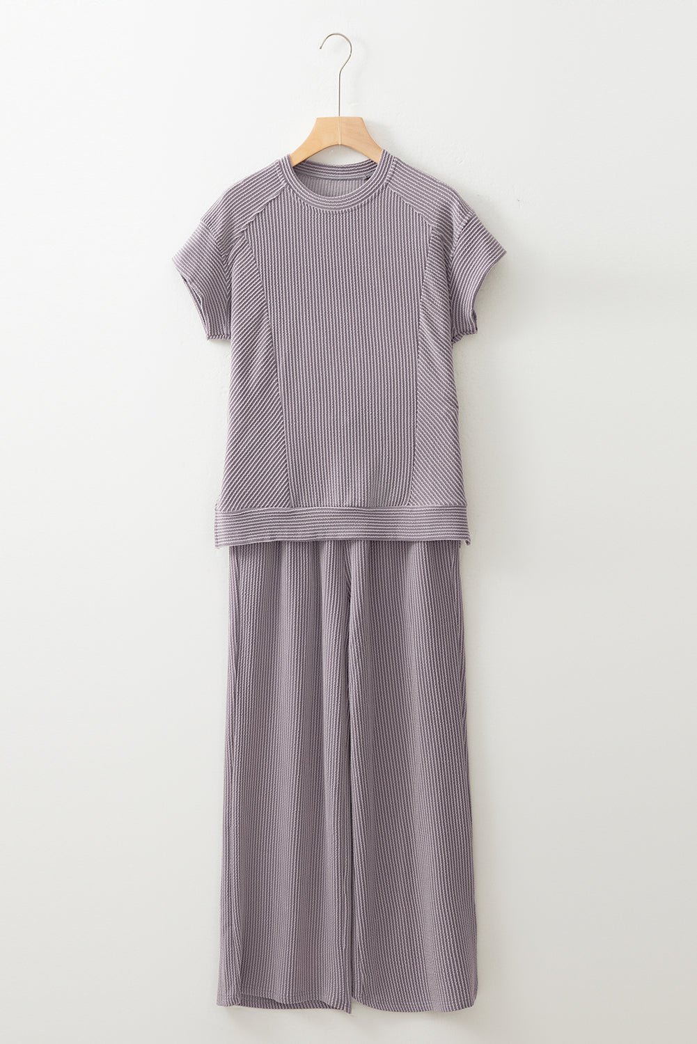 Luxury Solid Corded Short Sleeve T Shirt And Wide Leg Pants Set