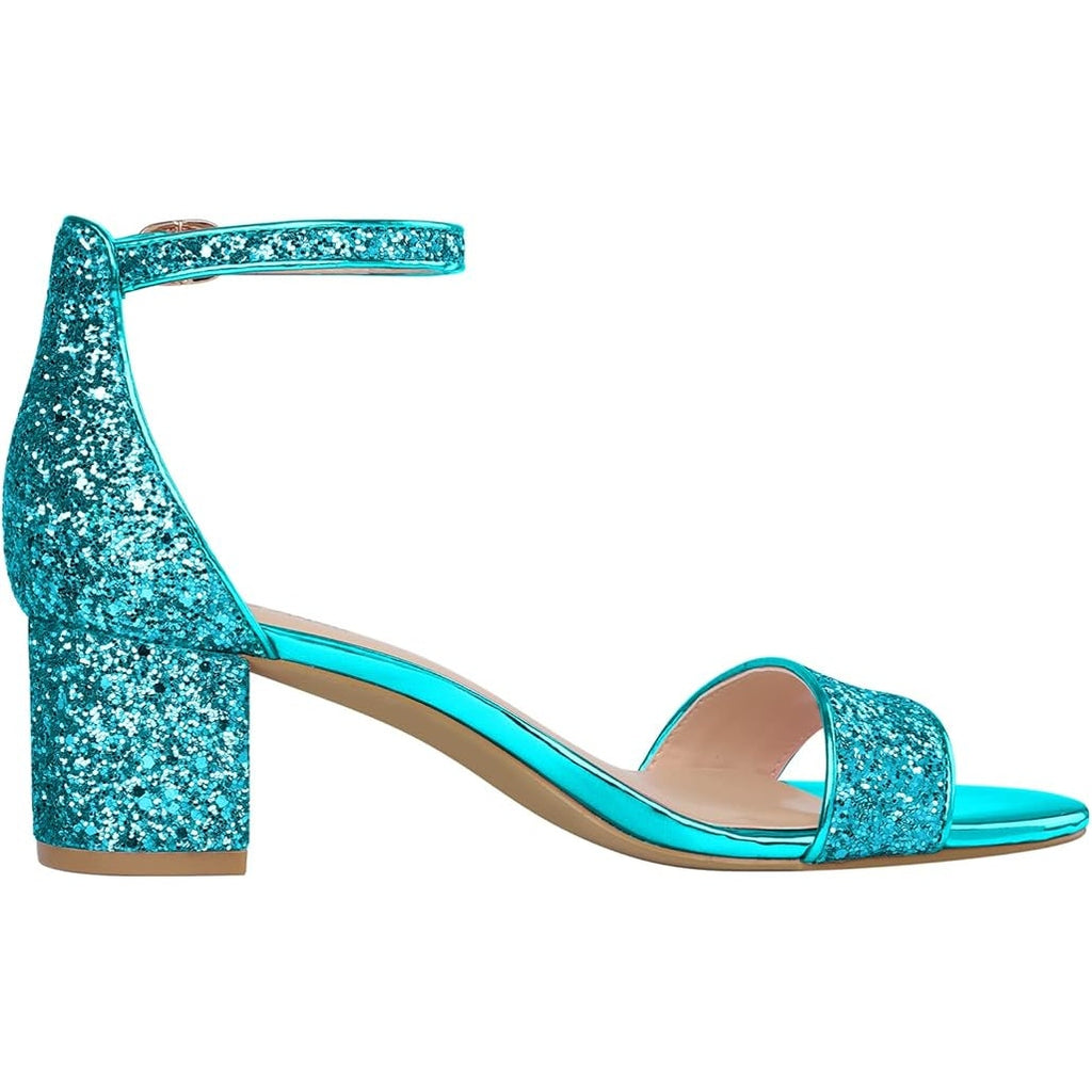 Pizz Annu Womens 6 Blue Glitter Sparkle Open Toe 2" Block Heel Ankle Strap Shoes