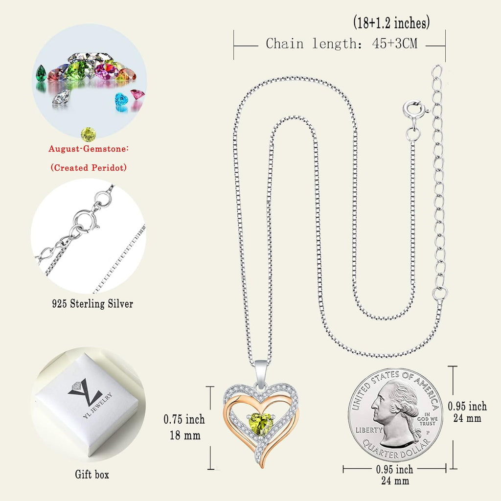 925 Sterling Silver Heart Necklace for Women Double Love Heart Pendant 18K Rose Gold Plated Created Peridot Jewelry for Mom