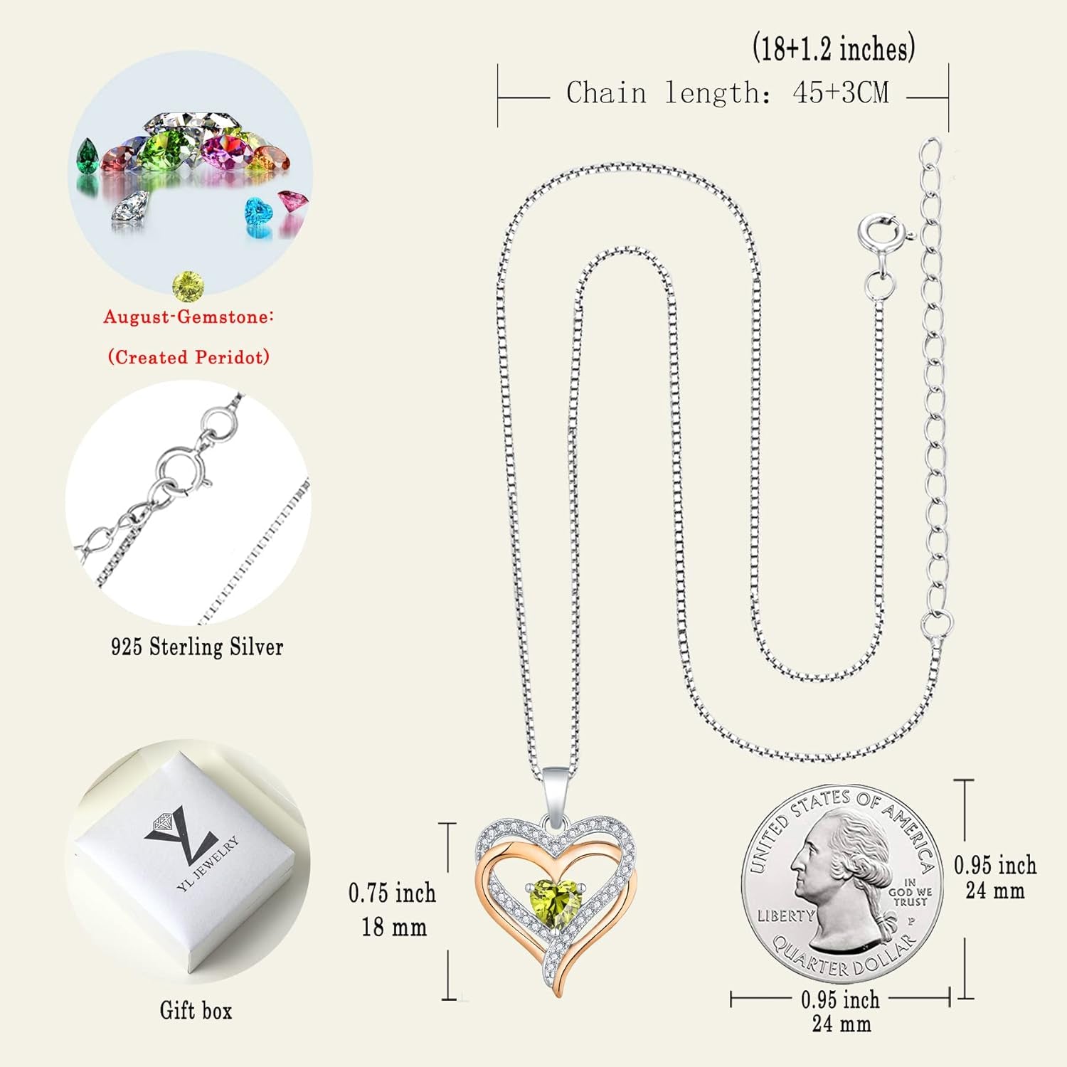 925 Sterling Silver Heart Necklace for Women Double Love Heart Pendant 18K Rose Gold Plated Created Peridot Jewelry for Mom