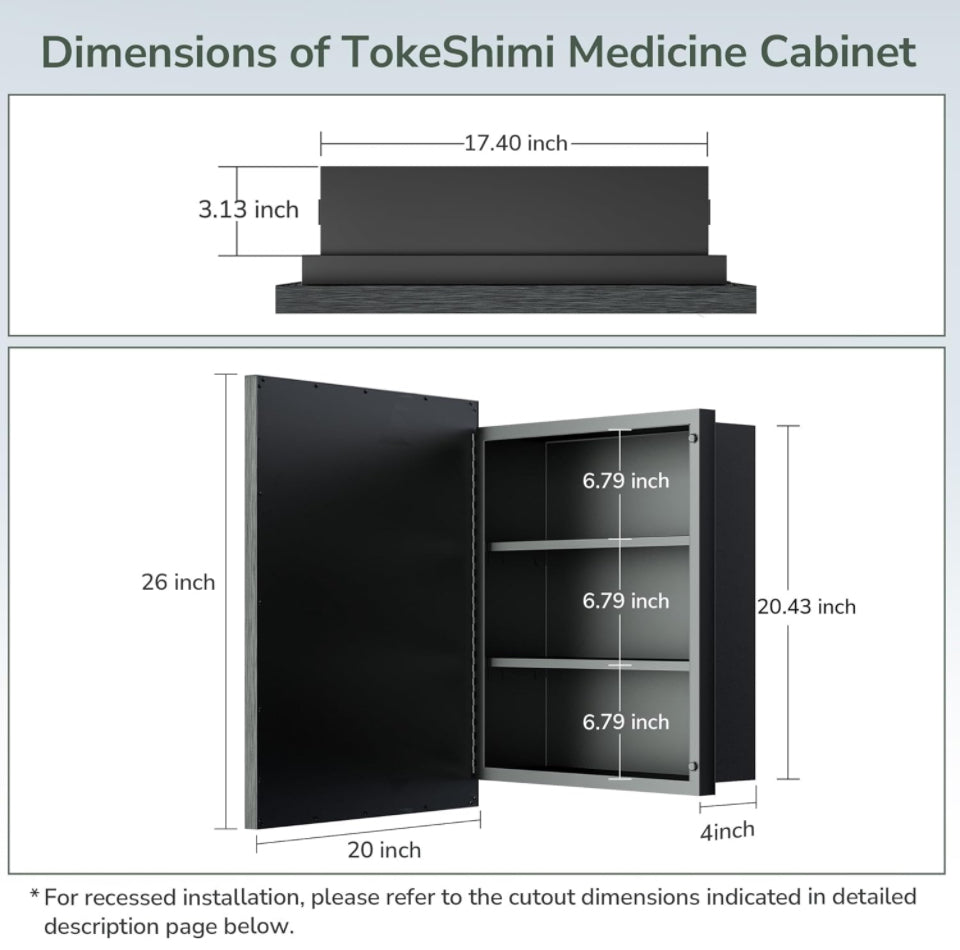 TokeShimi 20x26 Recessed Medicine Cabinet Bathroom Vanity Mirror Gold Metal Framed Surface Wall Mounted with Aluminum Alloy Beveled Edges Design 1 Doo
