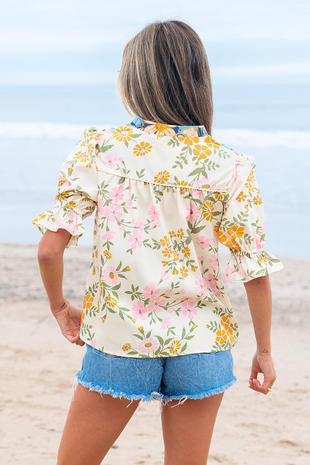 Luxury Multicolour Crochet V Neck Half Sleeve Boho Floral Blouse