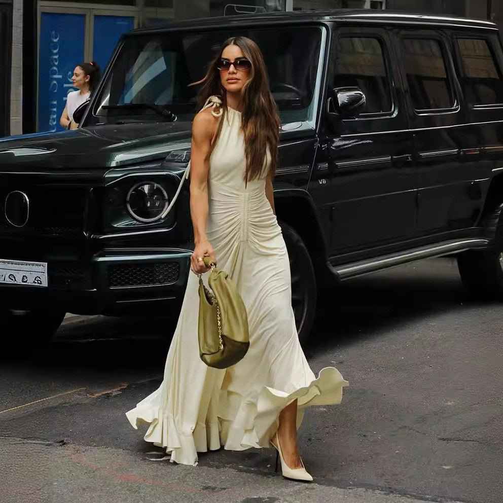 European & Egyptian Sleeveless Round Neck Pleated Dress