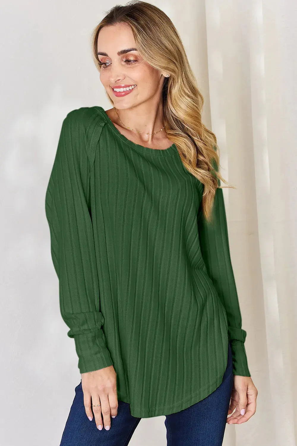 Basic Bae Ribbed Round Neck Slit Womens Long Sleeve T Shirt – Full & Plus Size