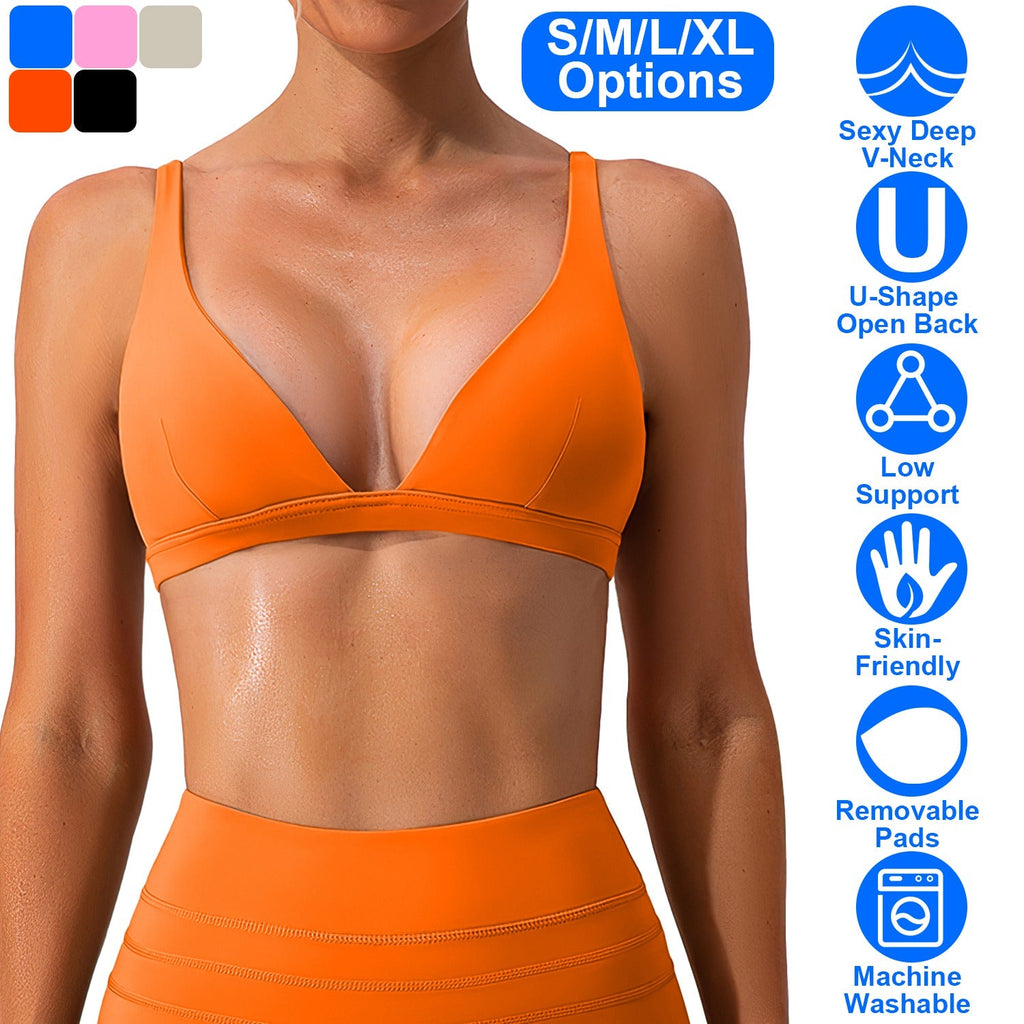Women Deep V-Neck Sports Bras U-Shaped Back Sport Bras Padded Strappy Crop Open Back Low Impact Bras Sexy Fitness Tank Tops with Removable Pads for Gy