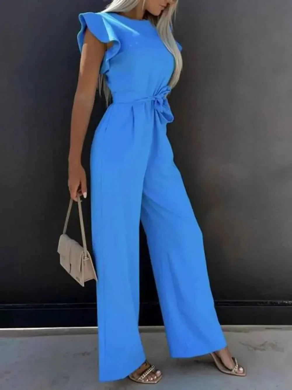 Ruffled Round Neck : Cap Sleeve Jumpsuit