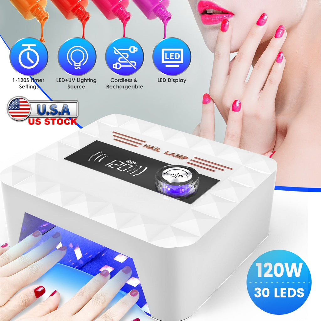 120W Cordless UV Nail Lamp Rechargeable Gel Curing Lamp Gel Polish Light Nail Dryer with LED Display 1-120S Timer Settings 30 LED Beads for Salon and