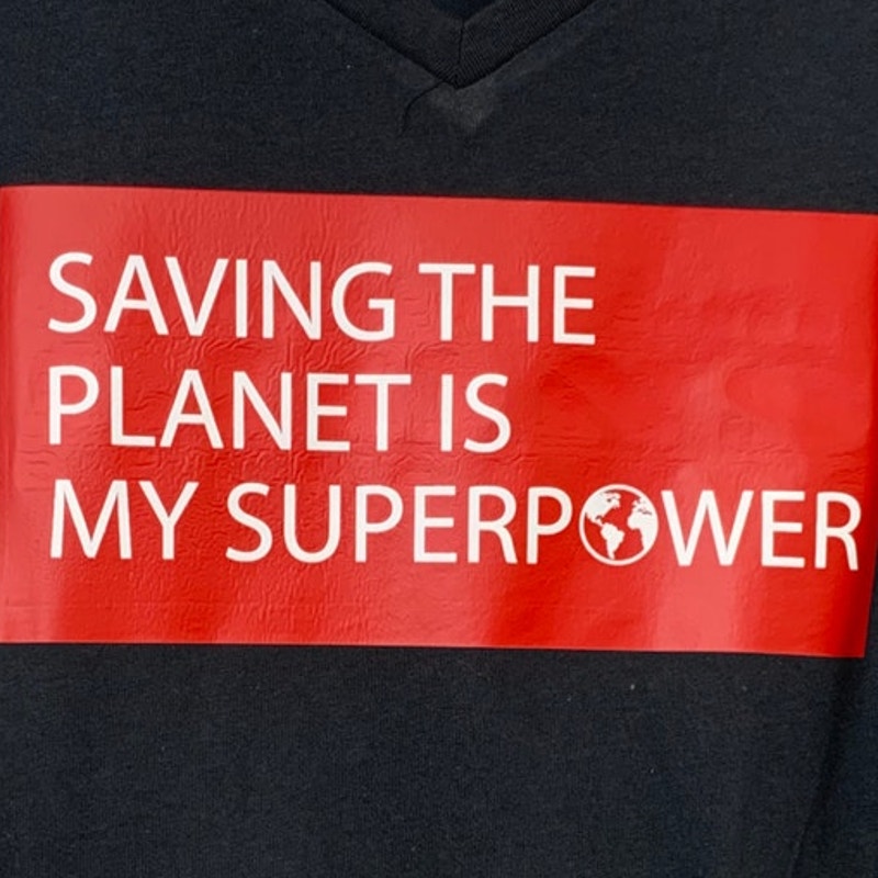 New Upcycled Hhand Printed Womens Small Saving the Planet Is My Superpower Tee