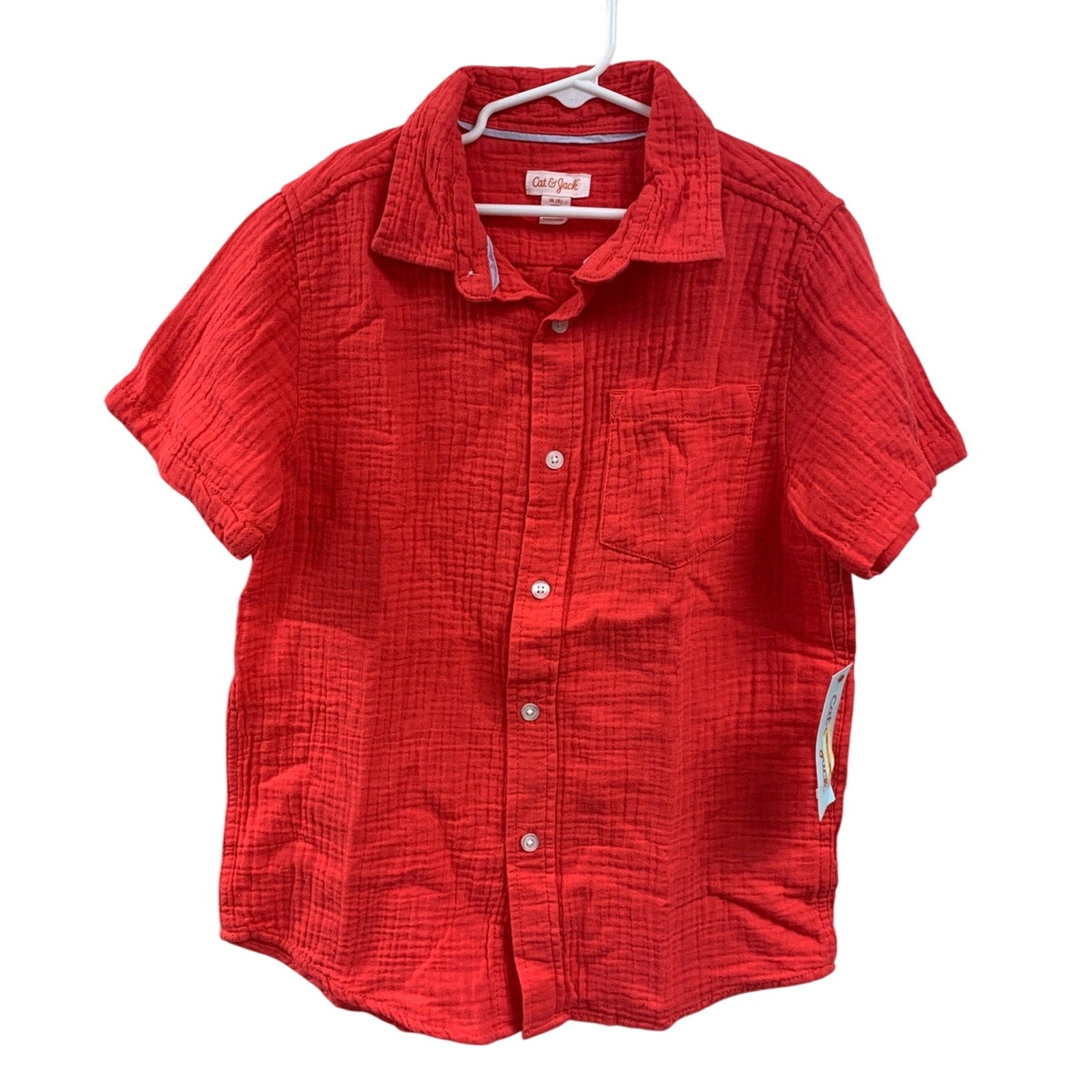 New Cat & Jack Boys Medium Red Melon Short Sleeve 100% Cotton Button Up Shirt