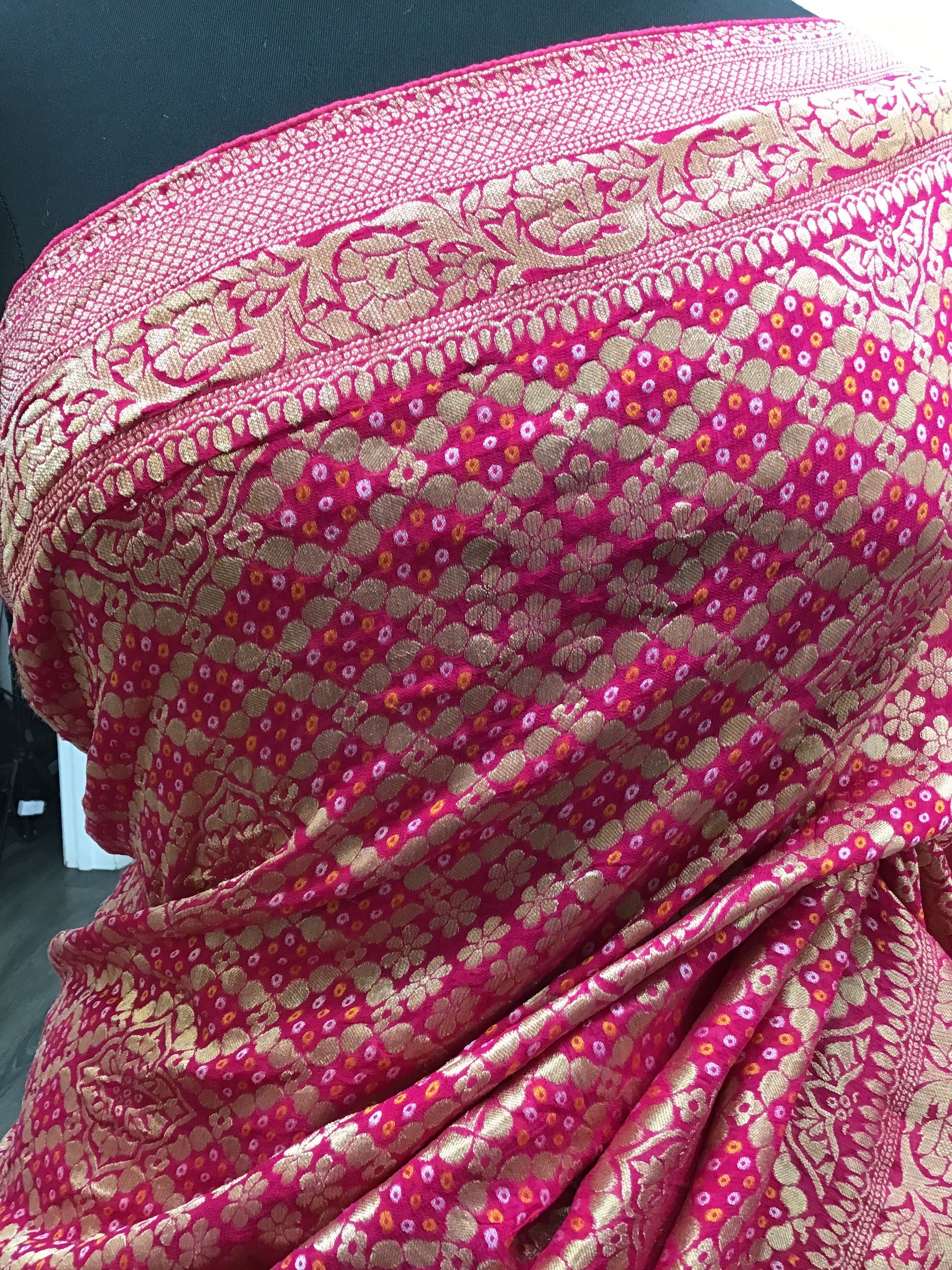 Dark pink  banarasi bandhini saree