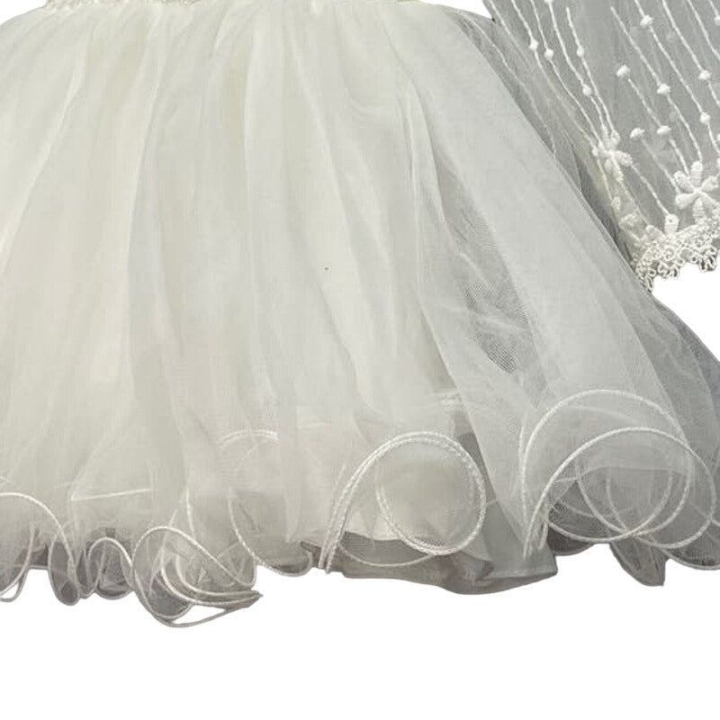 Girls Size 6 Long Sheer Sleeve Embroidered Pearls Flower Girl Wedding Dress