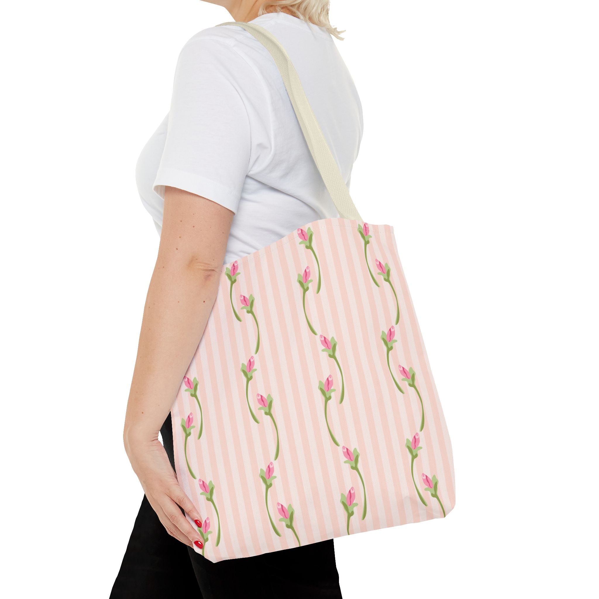 Customizable: Floral Stripe Tote Bag, Chic Shopping Tote, Spring Gift Bag, Eco-Friendly Reusable Bag, Perfect for Grad Gifts College Send off Gift