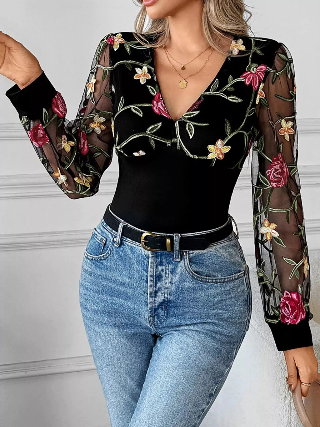 Floral Mesh Long Sleeve V Neck Blouse