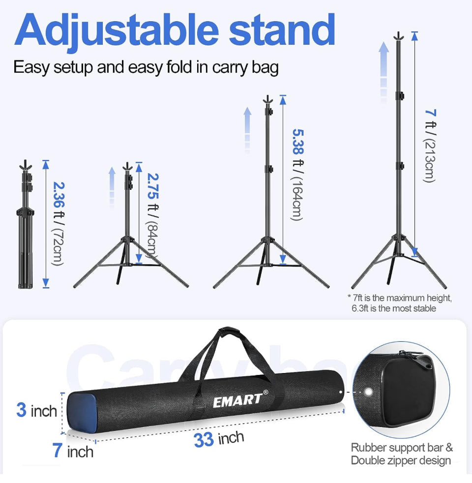 EMART Backdrop Stand 10x7ft(WxH) Photo Studio Adjustable Background Stand Support Kit with 2 Crossbars, 8 Backdrop Clamps, 2 Sandbags and Carrying Bag